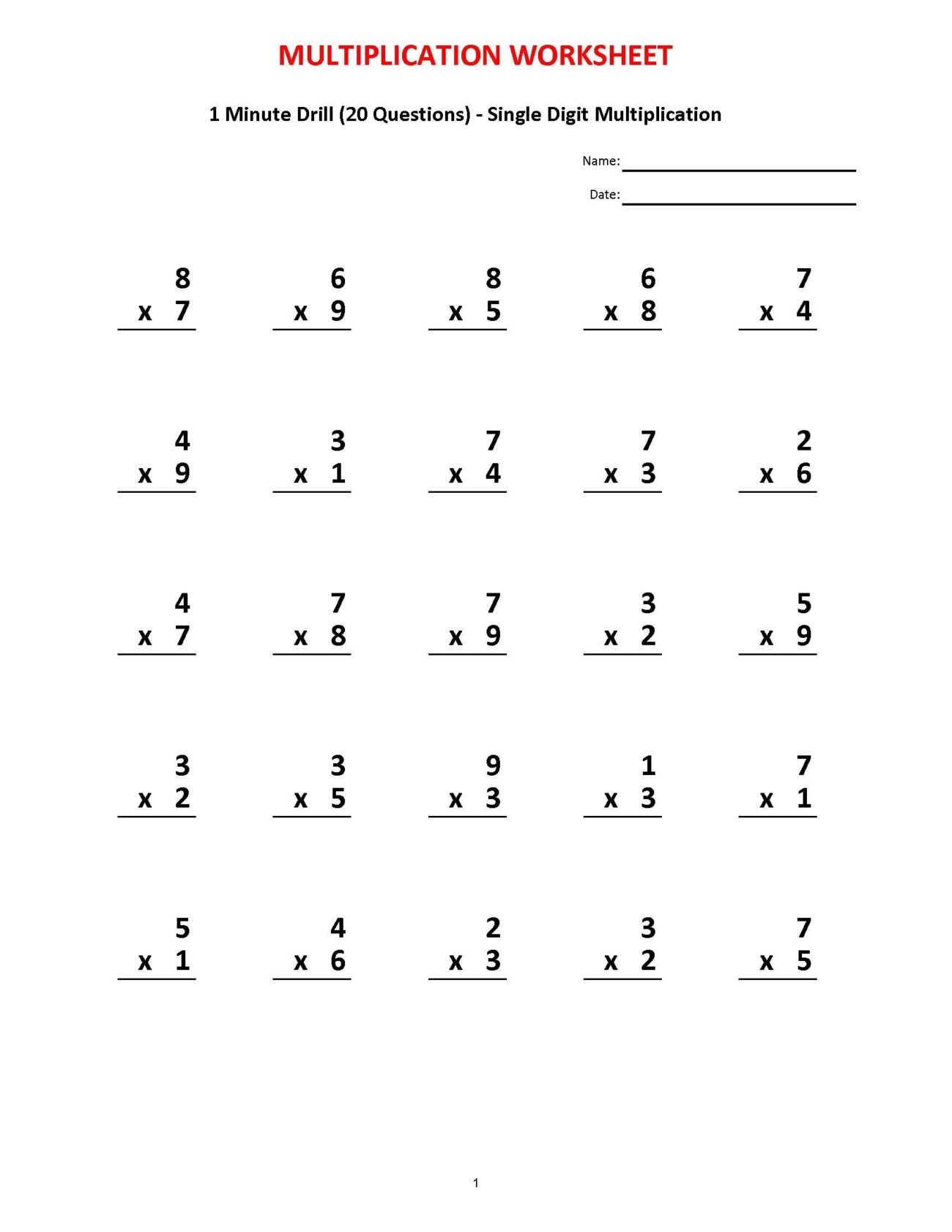 Multiplication 1 Minute Drill V 10 Math Worksheets With Answers