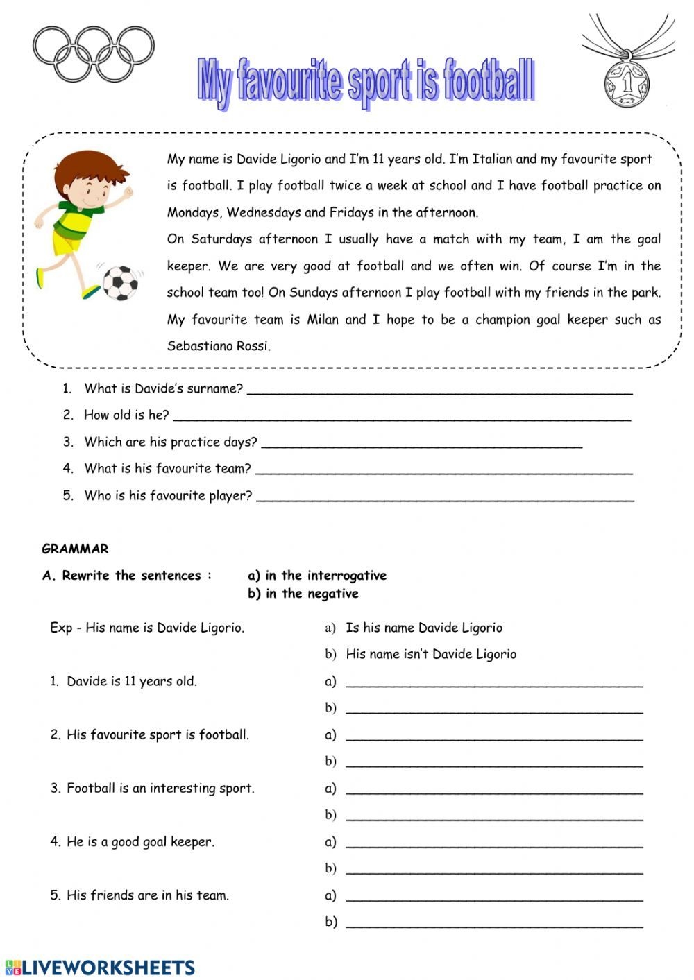 My Favourite Sport Is Football Interactive Worksheet Reading 