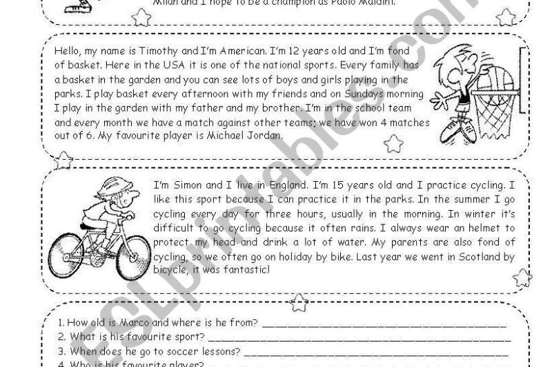Reading Comprehension Sports Worksheets