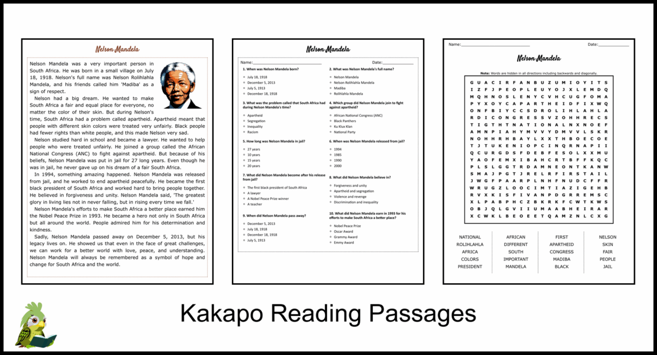 Nelson Mandela Reading Comprehension And Word Search Teaching Resources