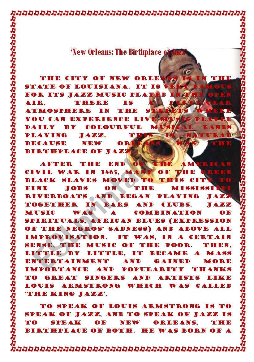 New Orleans The Birthplace Of Jazz ESL Worksheet By Micbon77