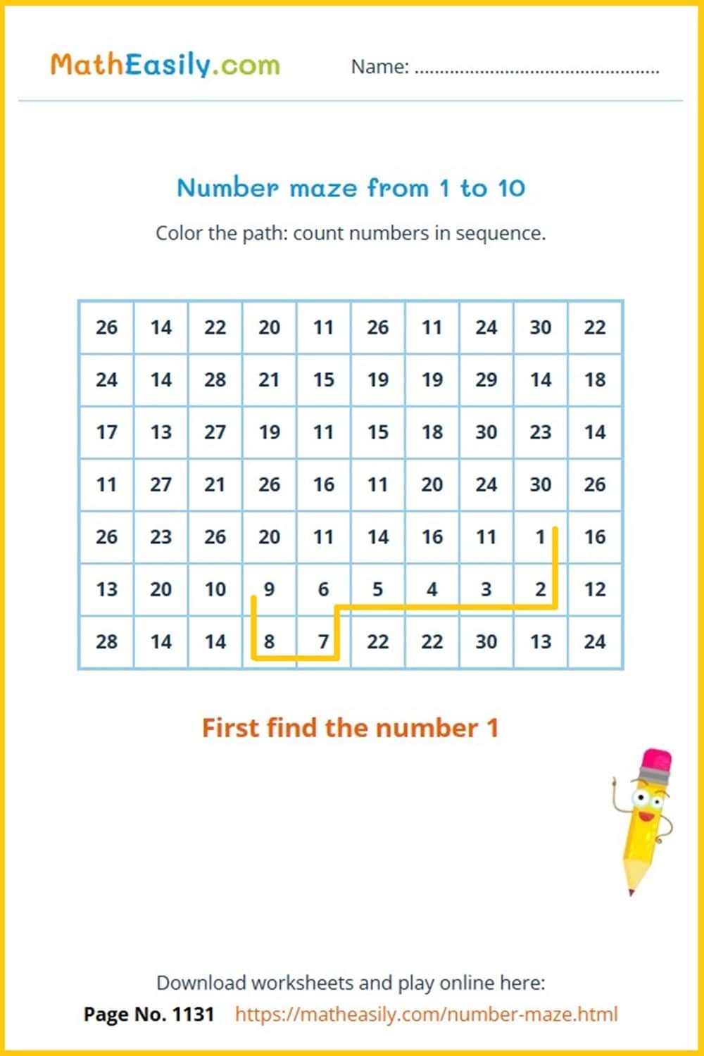 Number Maze Game ONLINE Printable 