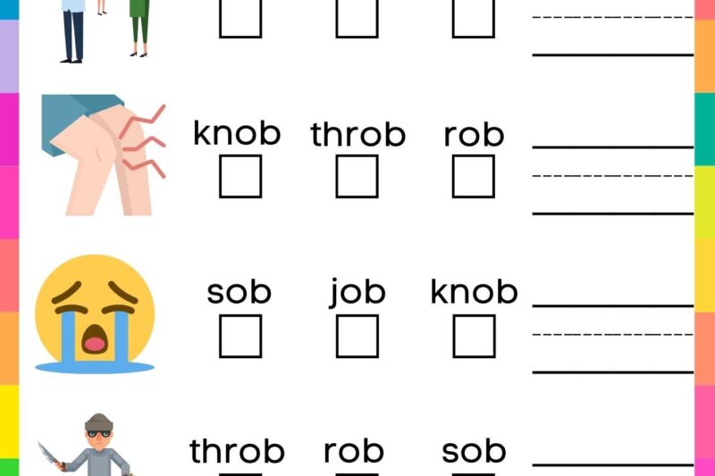 Kindergarten Ob Word Family Worksheets