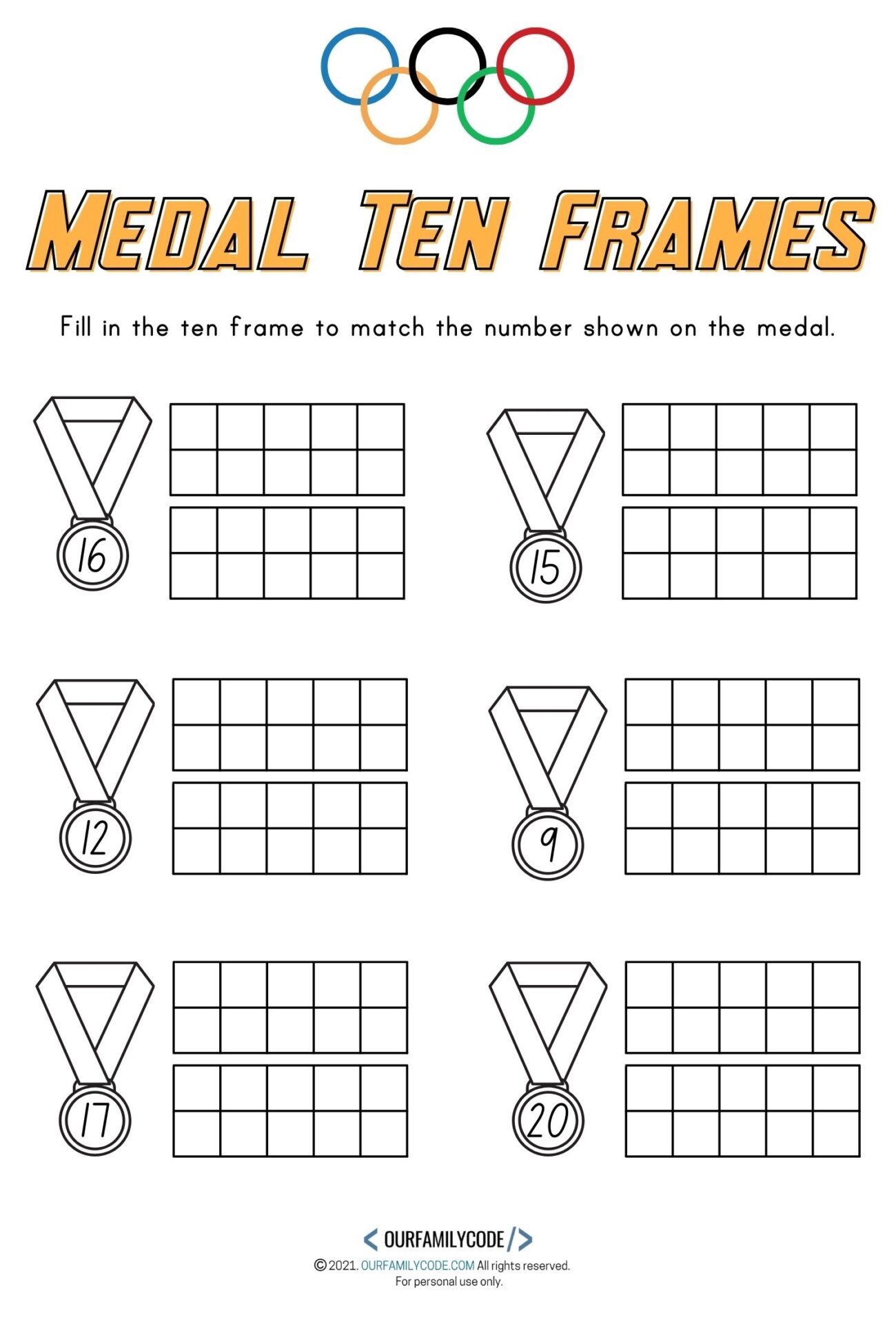 Olympic Medal Ten Frames Worksheets For Kids Our Family Code