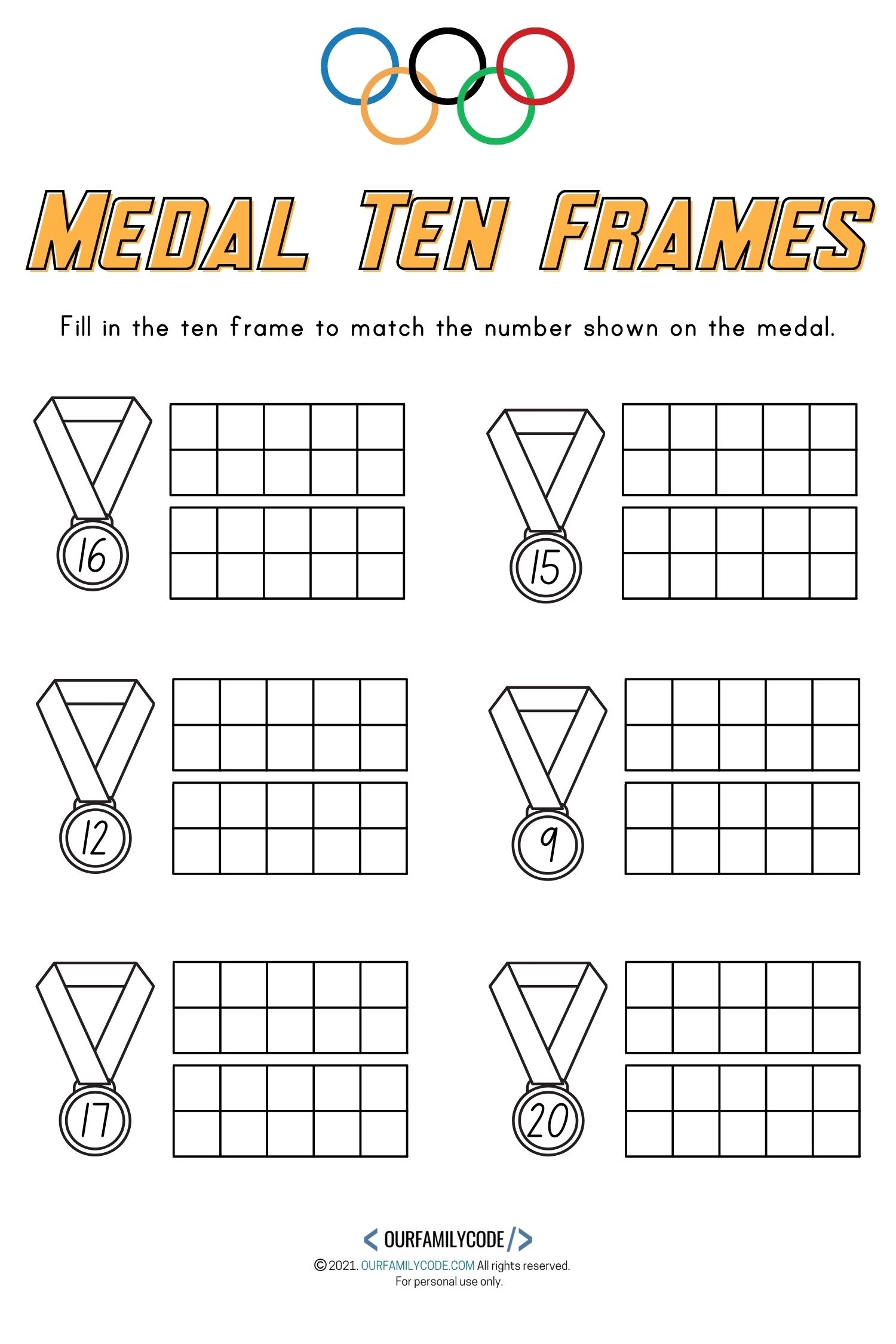 Olympic Medal Ten Frames Worksheets For Kids Our Family Code