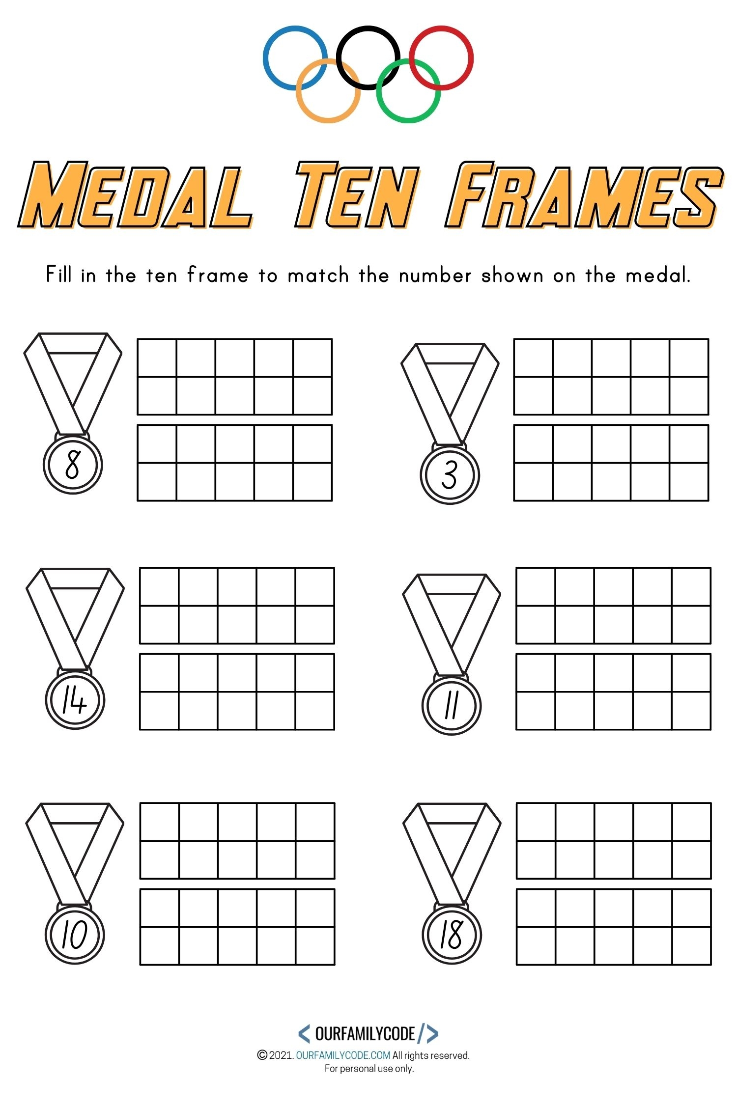 Olympic Medal Ten Frames Worksheets For Kids Our Family Code