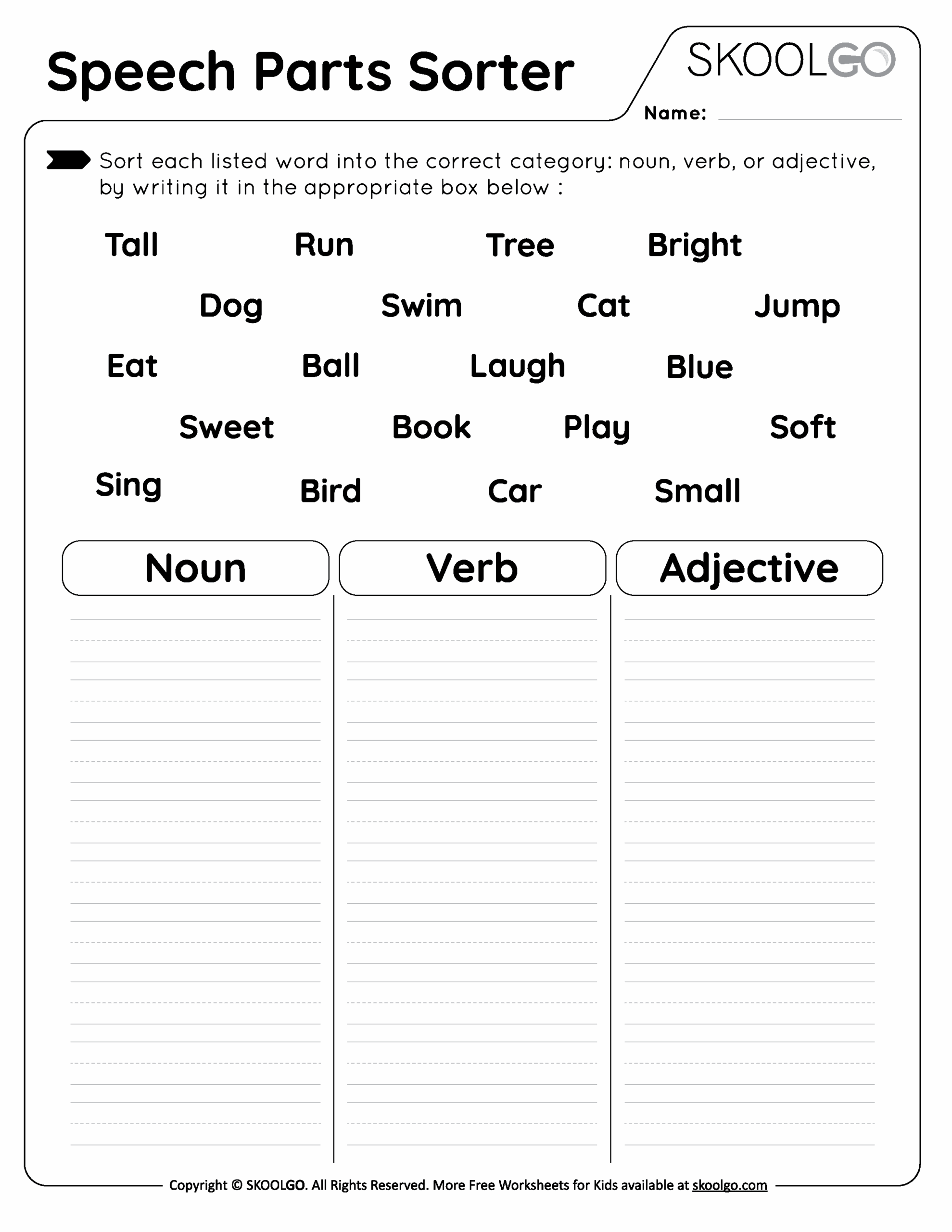 Free Printable Parts Of Speech Worksheets