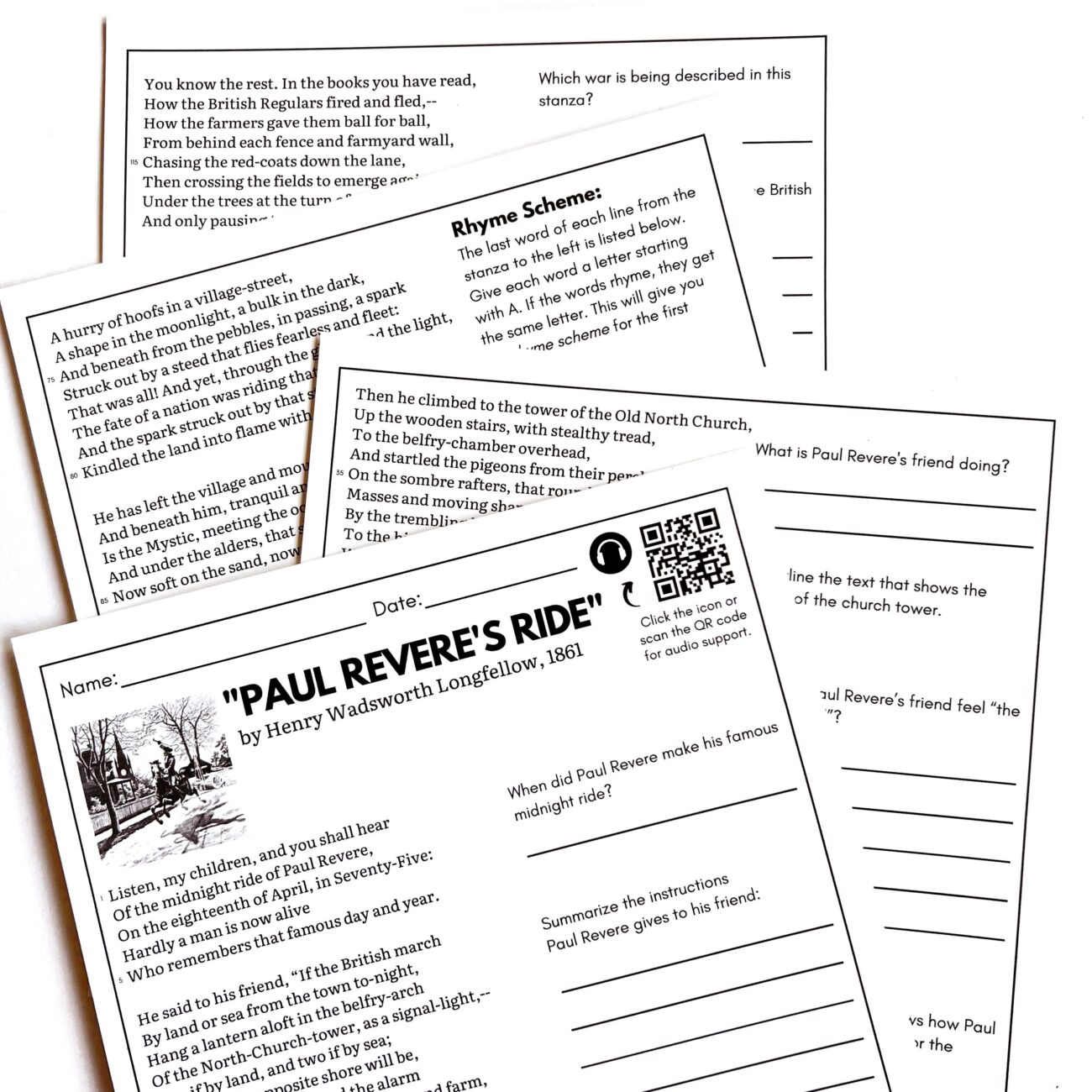 Paul Revere s Ride Analysis Questions And Comprehension Activities