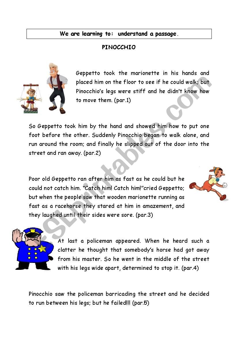 Pinocchio Reading Comprehension ESL Worksheet By Doreen7834