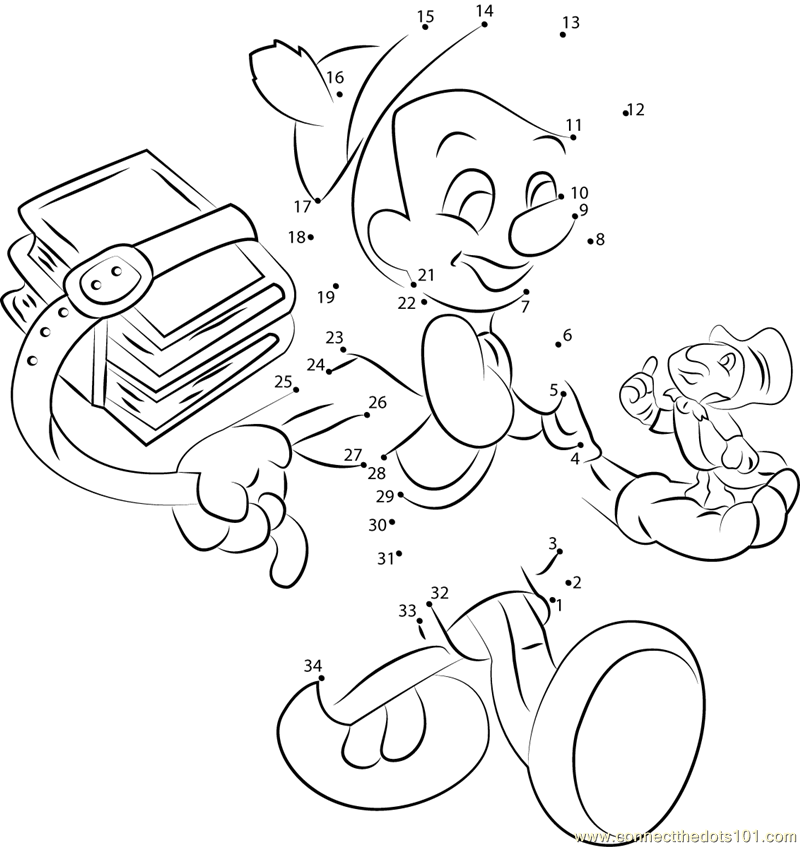Pinocchio With Books Dot To Dot Printable Worksheet Connect The Dots