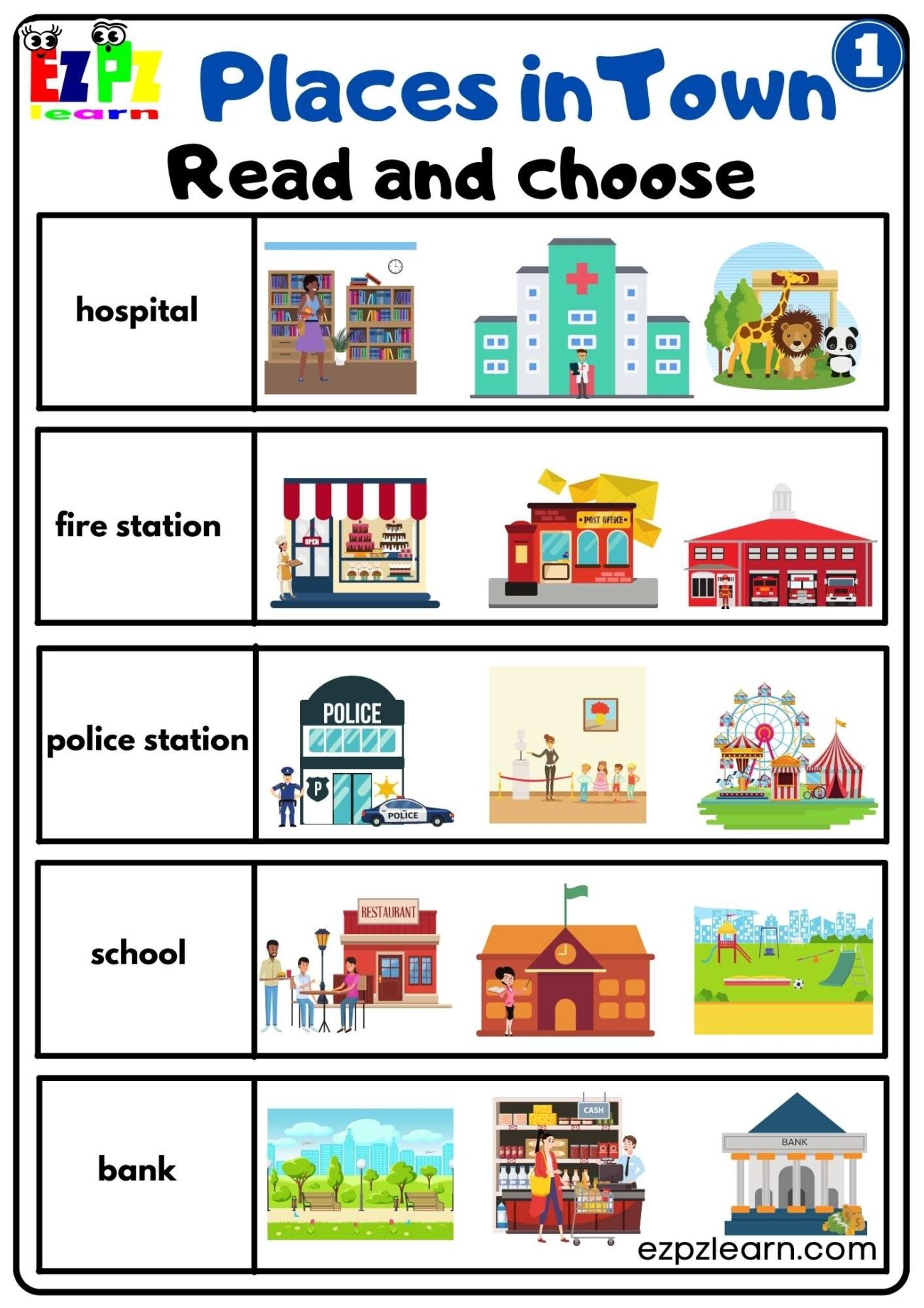 Places In Town Easy Read And Choose Worksheet Free Download Group