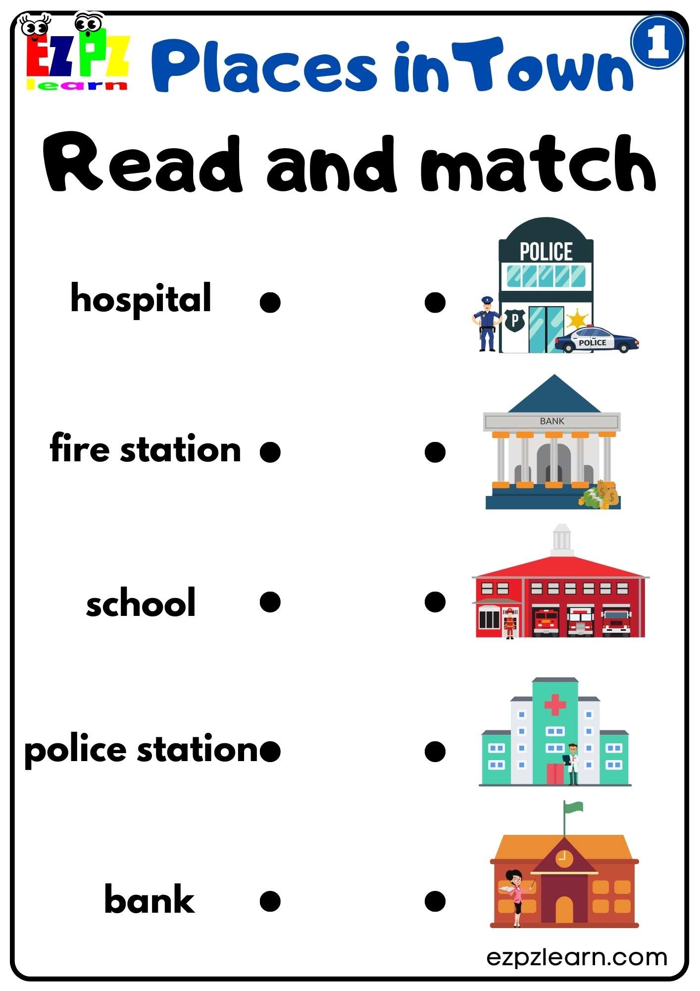 Places In Town Easy Read And Match Worksheet Free Download Group 1 