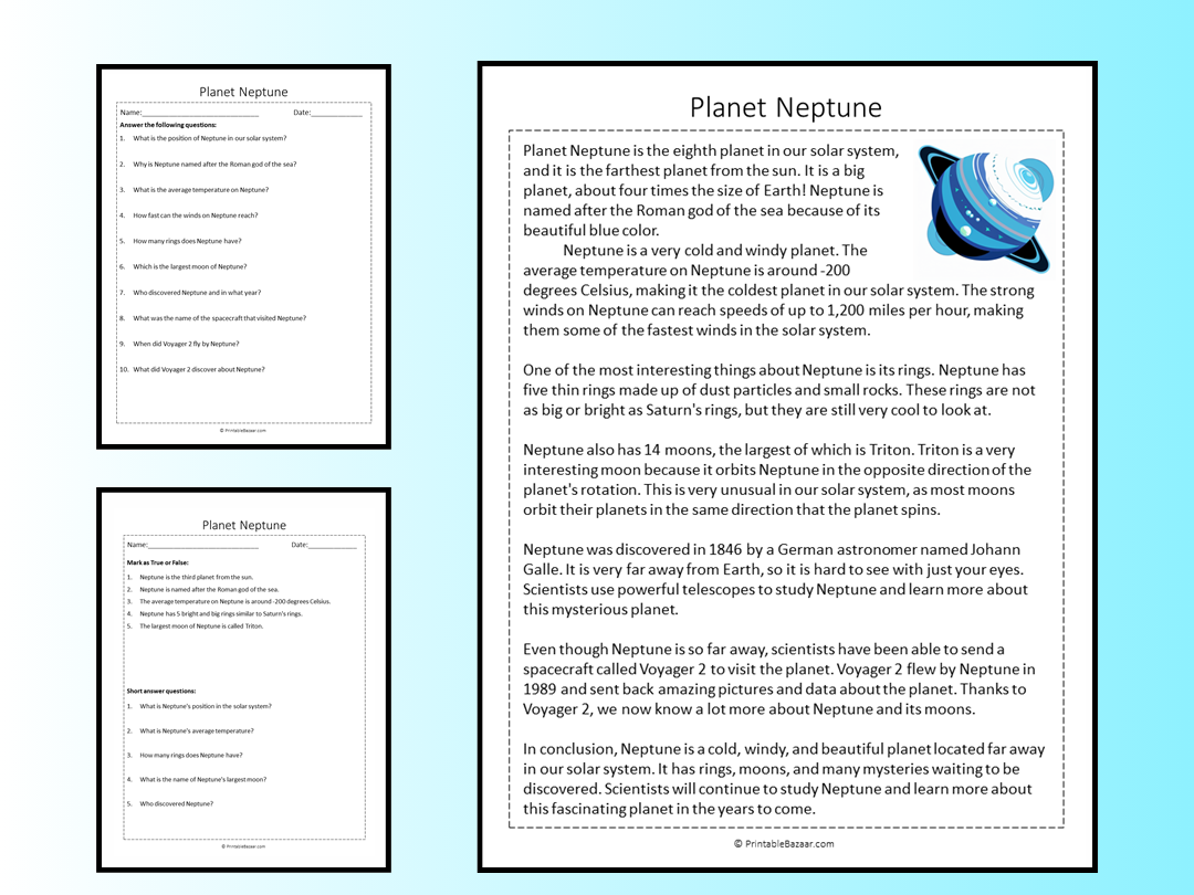 Planet Neptune Reading Comprehension Passage Printable Worksheet 
