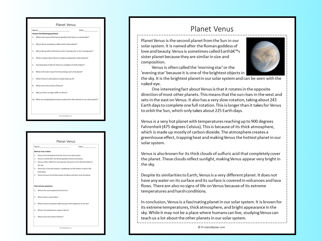 Planet Venus Reading Comprehension Passage Printable Worksheet Teaching Resources