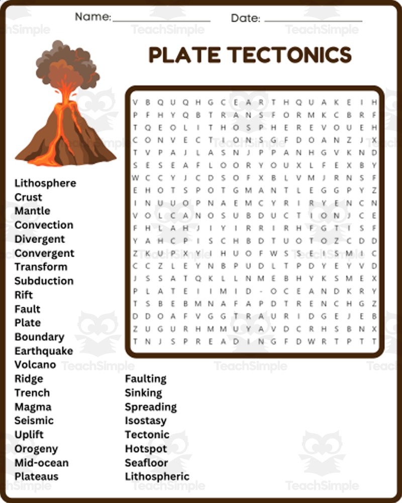 PLATE TECTONICS Word Search Puzzle Worksheet Activity 4th 5th 