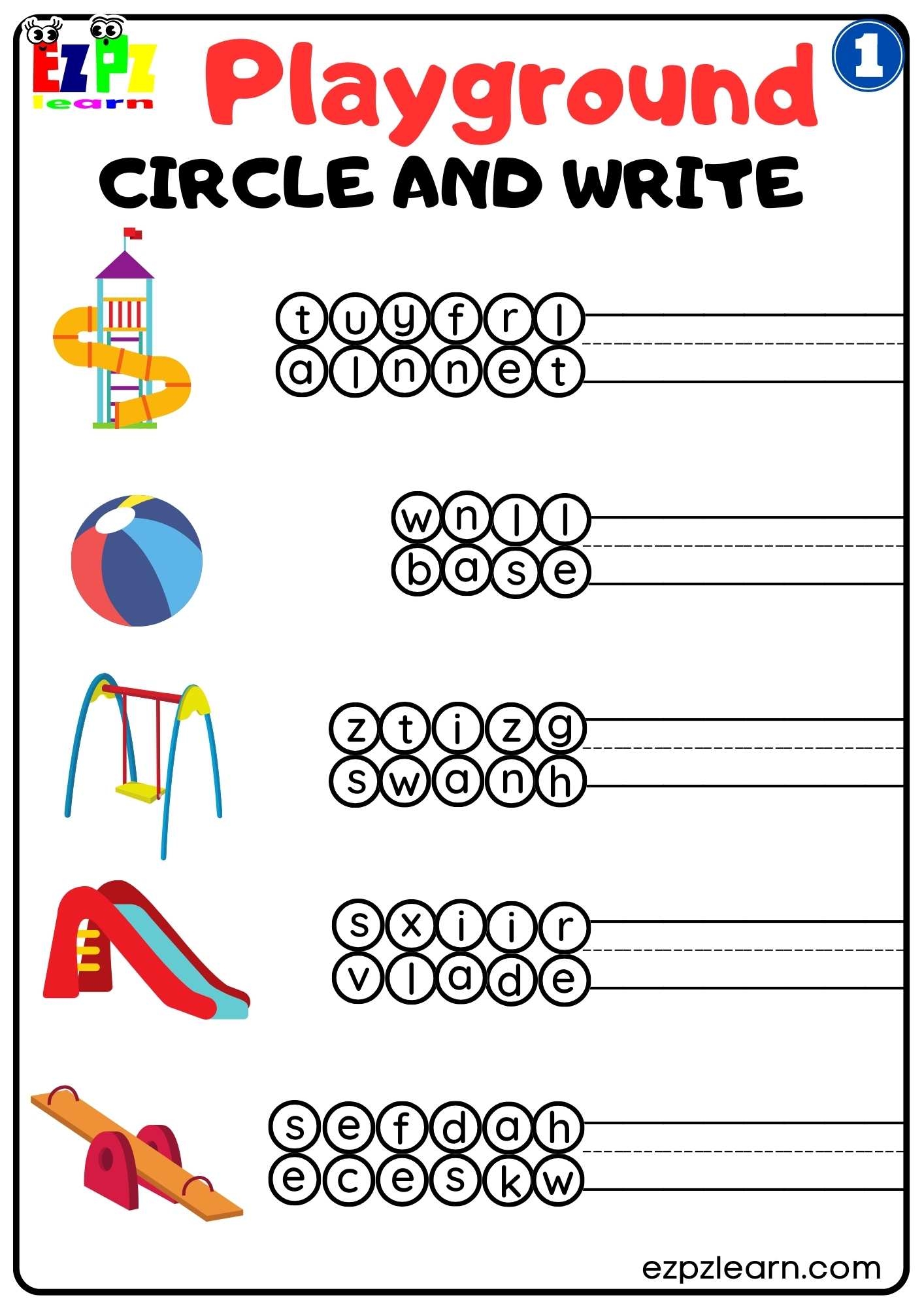 Playground 1 Circle And Write Worksheet For Kindergarten And ESL Students Free PDF Download Ezpzlearn