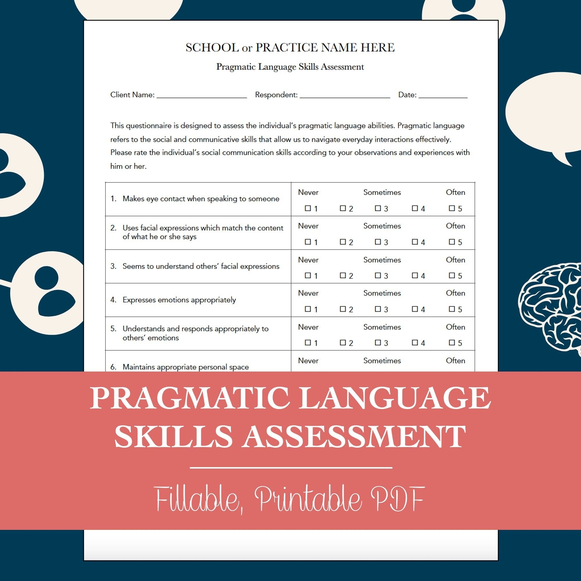 Pragmatic Language Skills Assessment Worksheet For Speech Therapy editable Fillable Printable PDF Etsy