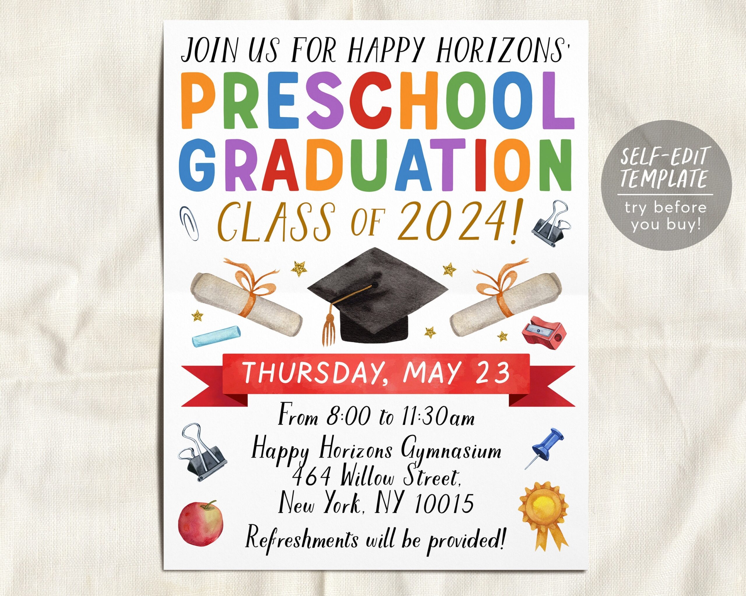 Preschool Graduation Invitation Flyer Editable Template Pre k Kindergarten Class Graduation Announcement Graduation Ceremony Invite Evite Etsy