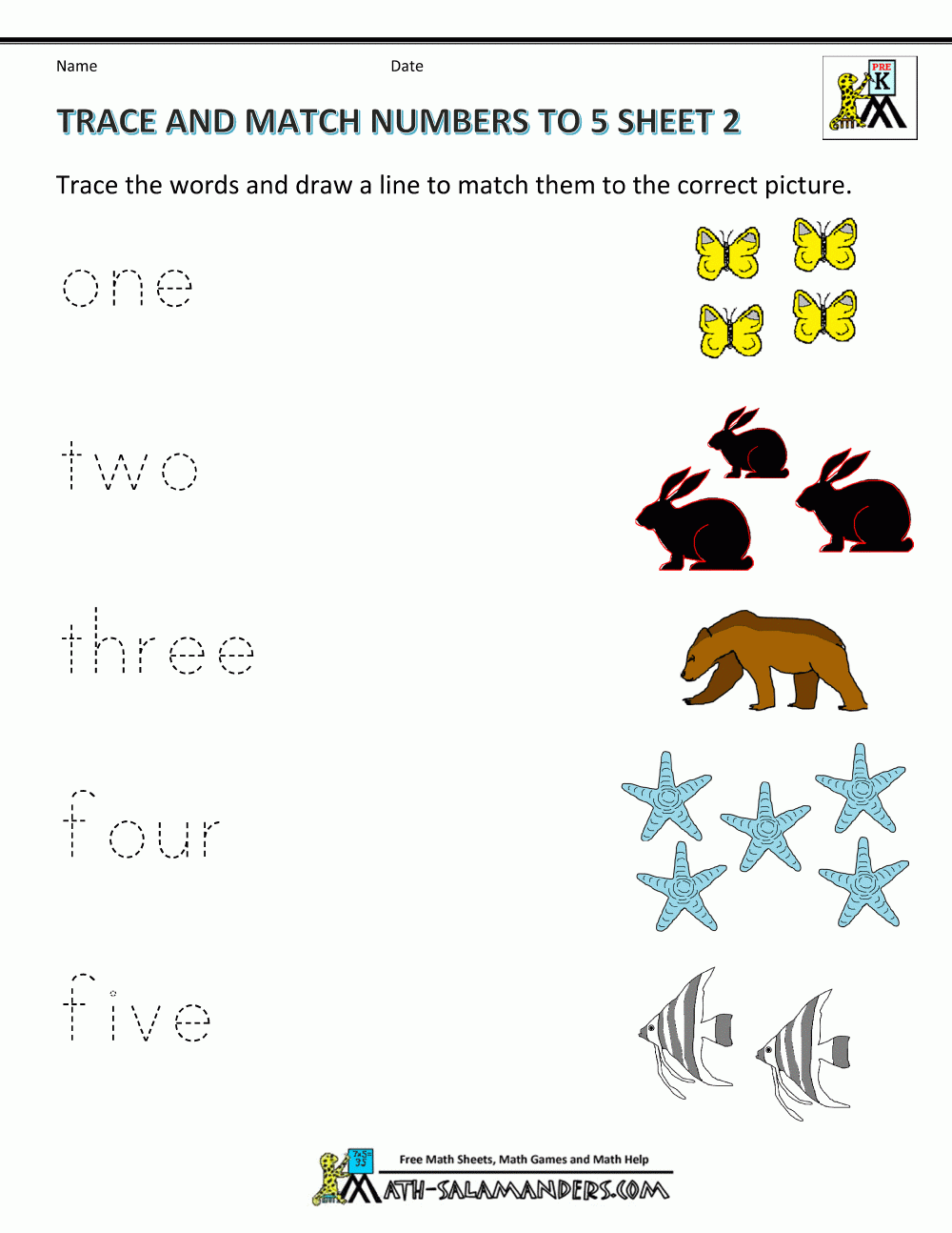 Preschool Math Worksheets Matching To 5