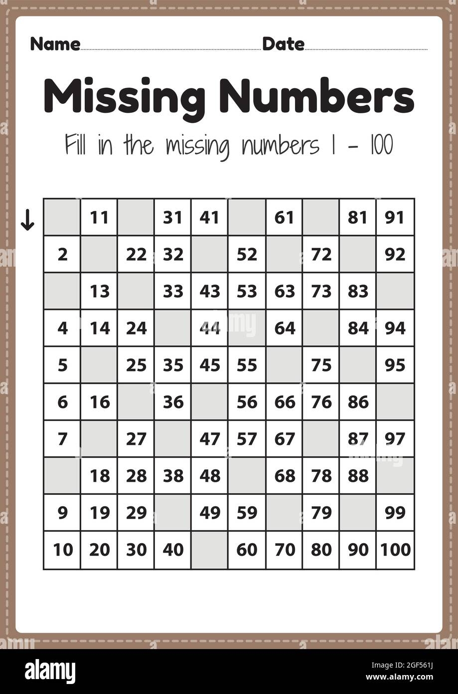 Preschool Math Worksheets Missing Numbers 1 To 100 Printable Sheet For Kindergarten Kids Activity To Learn Basic Mathematics Skills Stock Vector Image U0026 Art Alamy Preschool Math Worksheets Missing Numbers 1 To 100 Printable Sheet For Kindergarten Kids Activity To Learn Basic Mathematics Skills Stock Vector Image U0026 Art Alamy