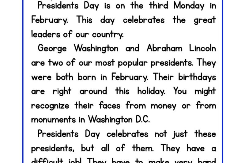 Presidents Day Reading Comprehension Worksheets