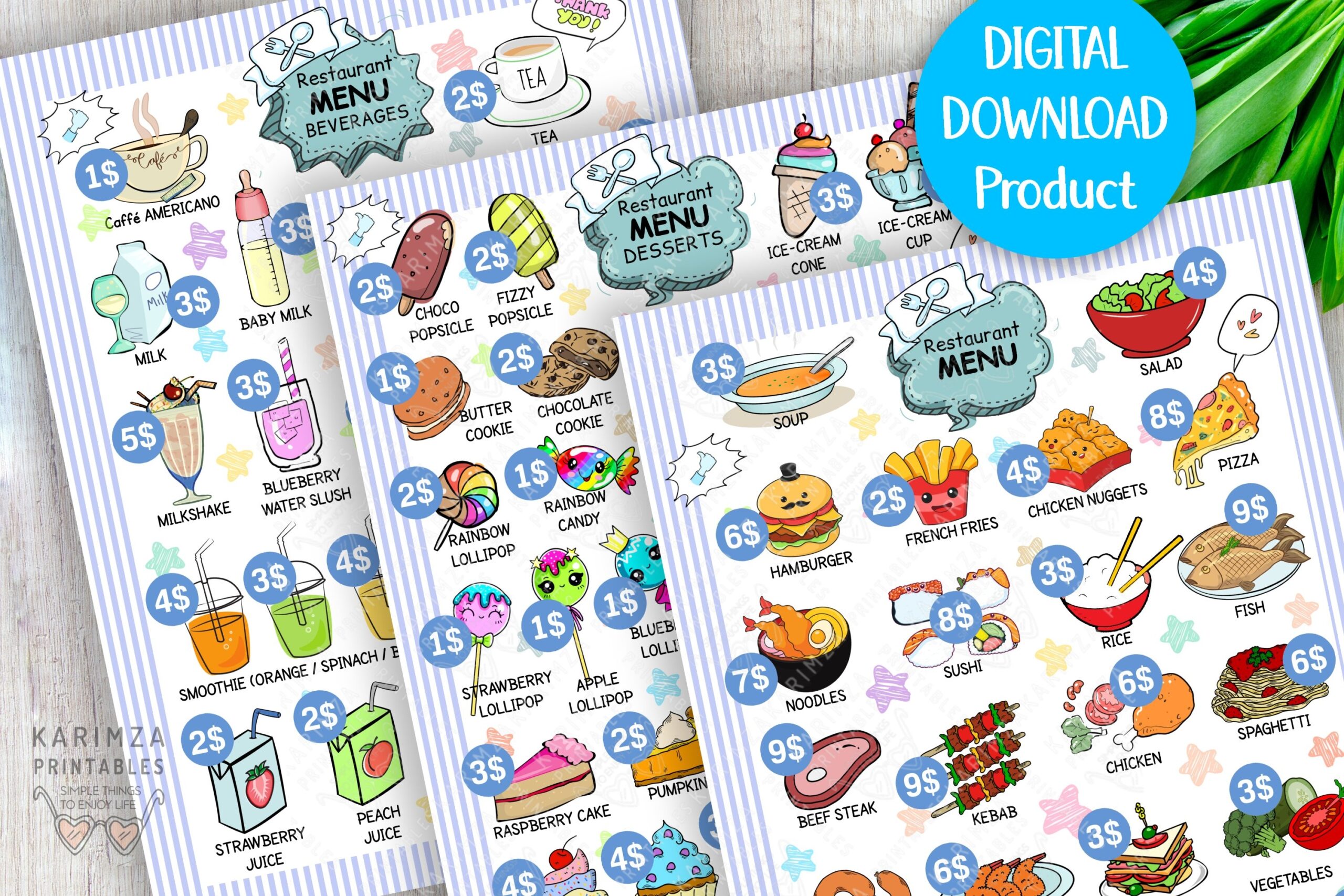 Pretend Play Kids Restaurant PRINTABLE Menu With Price