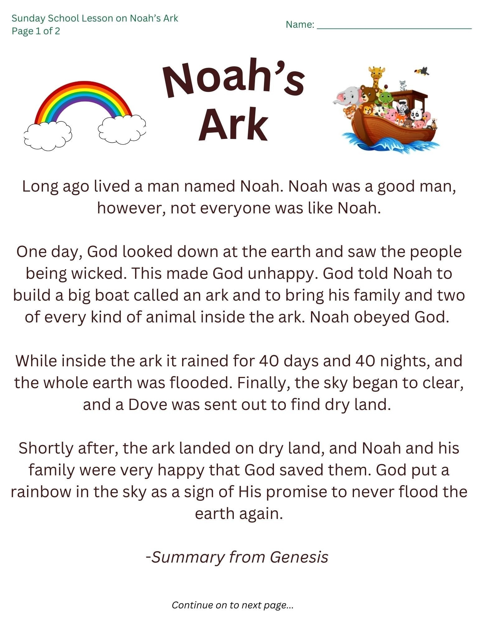 Printable Sunday School Lesson On Noah s Ark Etsy