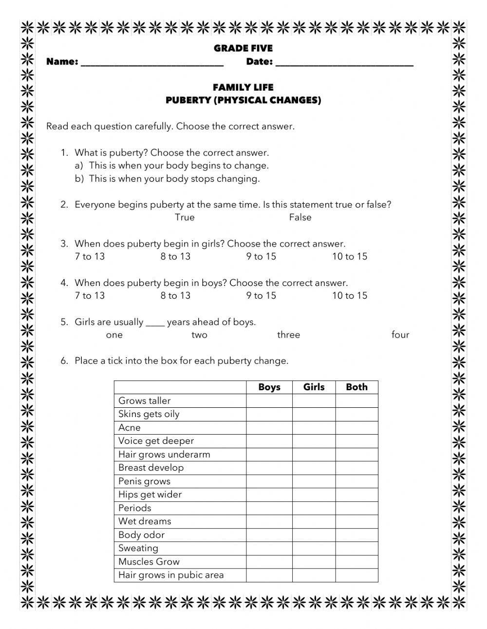 Puberty Facts U0026 Worksheets Stages Physical And Emotional Changes Worksheets Library