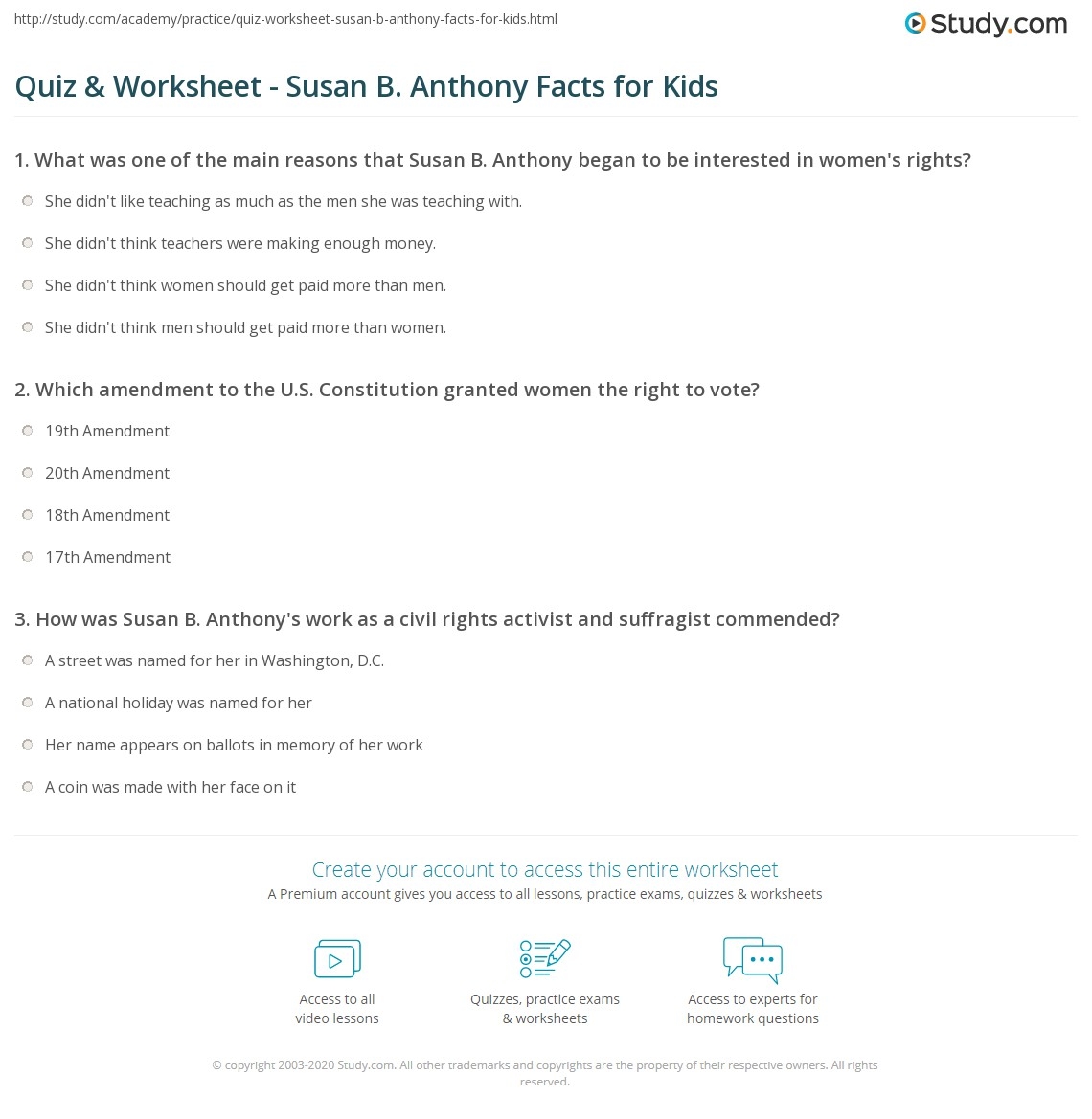 Quiz U0026 Worksheet Susan B Anthony Facts For Kids Study