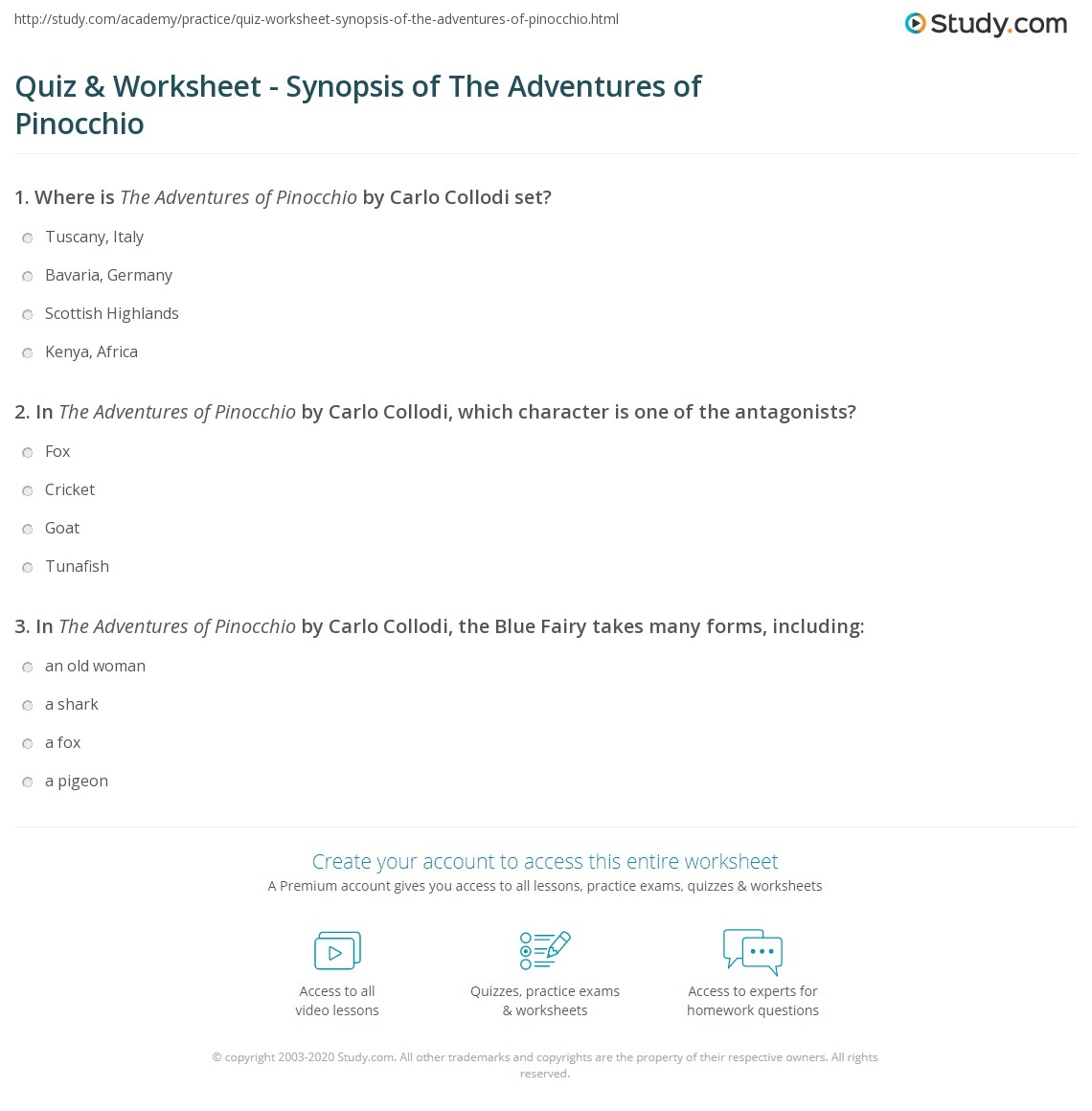 Pinocchio Reading Comprehension Worksheet