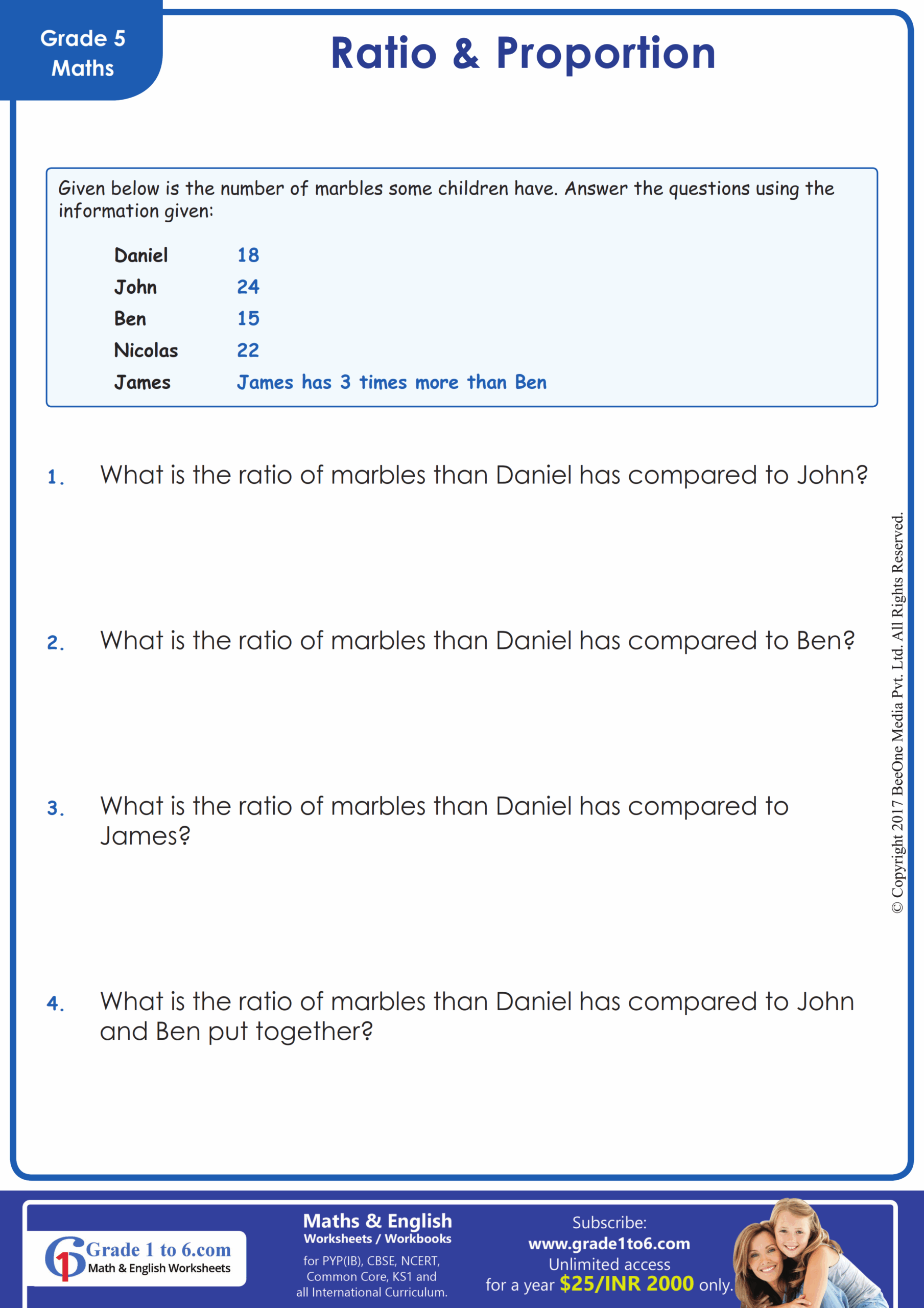 Ratio Word Problems Worksheet Grade1to6