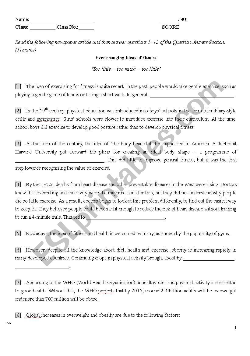 Reading Comprehension About Fitness ESL Worksheet By Cwyrhs