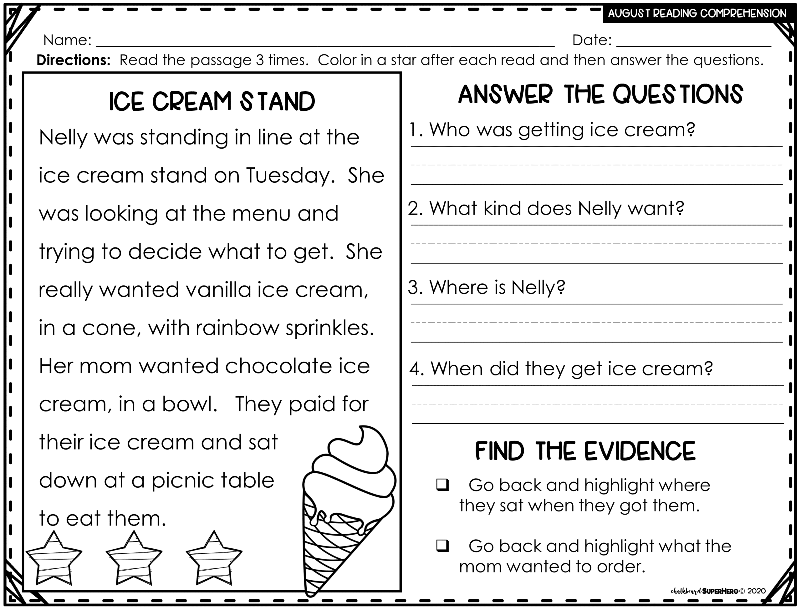 Reading Comprehension Answering WH Questions AUGUST 3 LEVELS Chalkboard Superhero