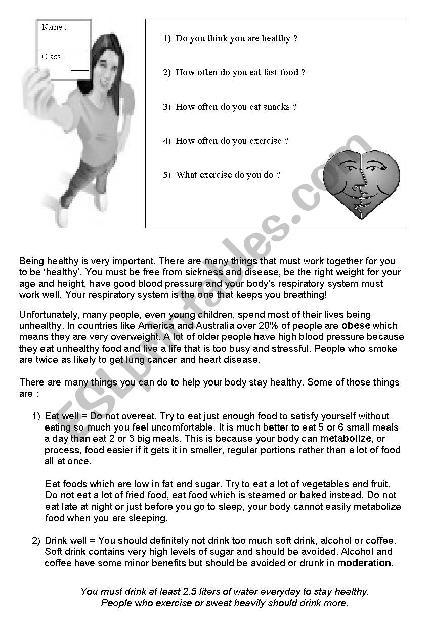 Reading Comprehension Be Healthy ESL Worksheet By Lisavict