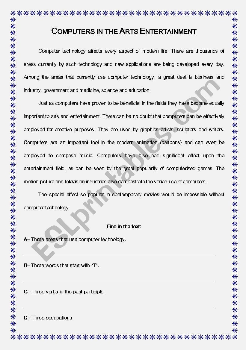 Reading Comprehension Computers In The Art Entertainment ESL