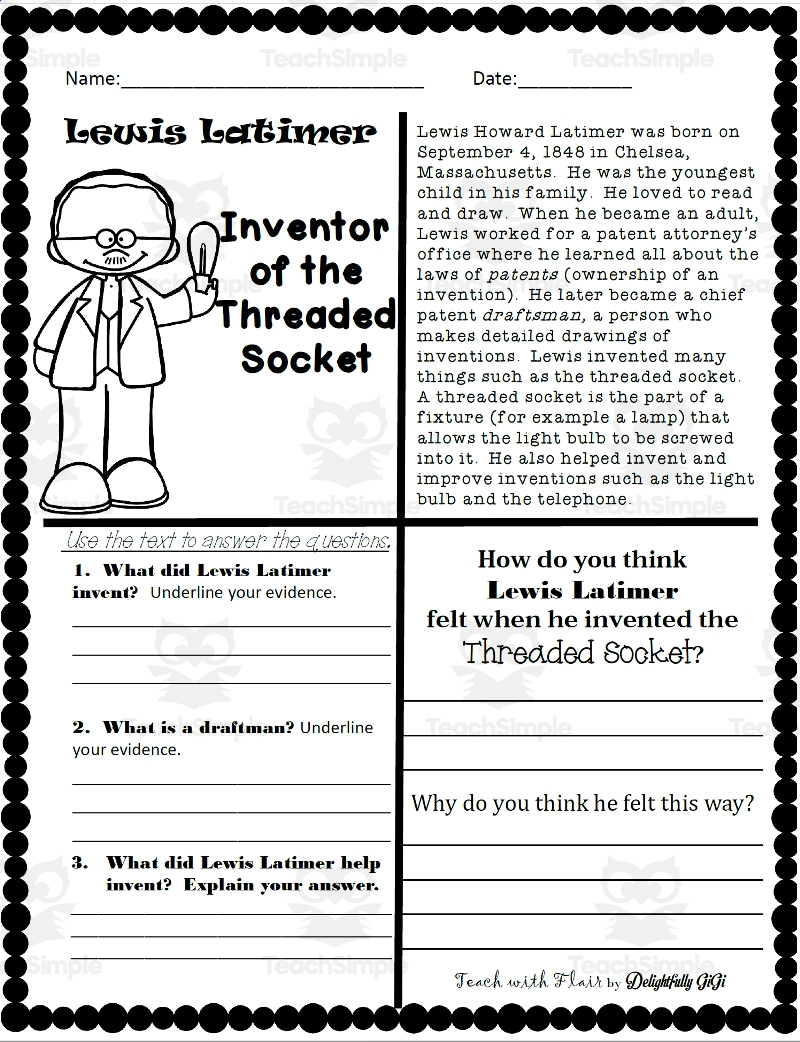 Reading Comprehension For Black History Month Lewis Latimer