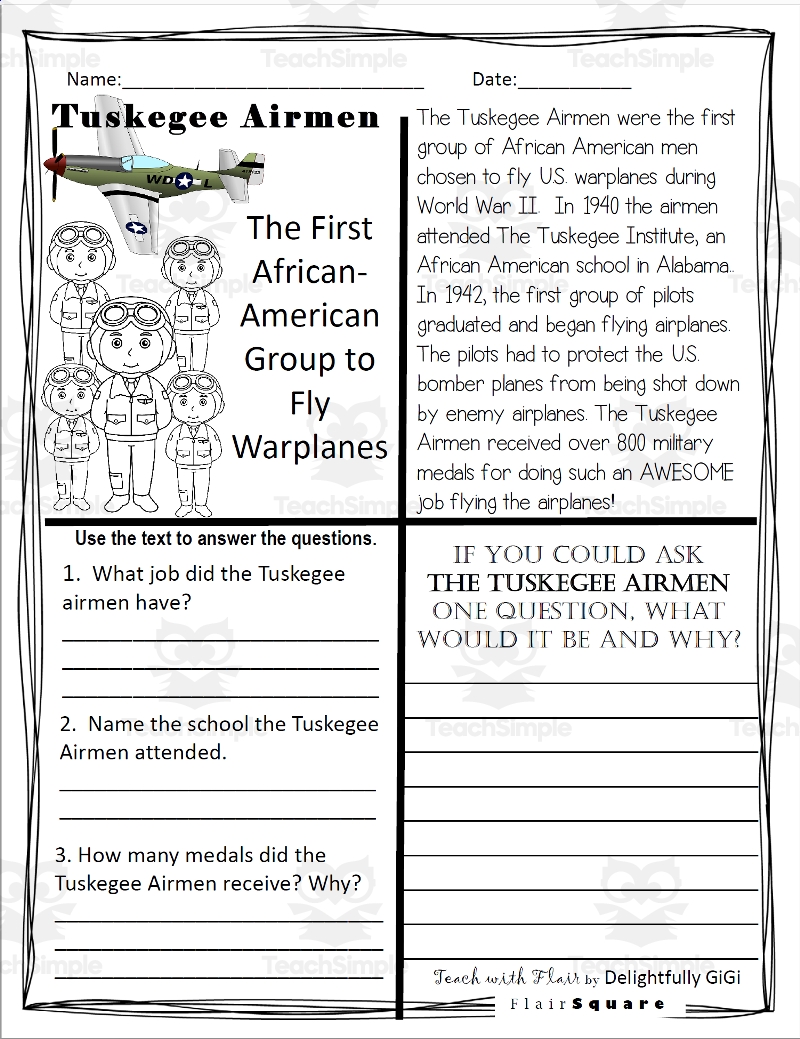 Reading Comprehension For Black History Month Tuskegee Airmen