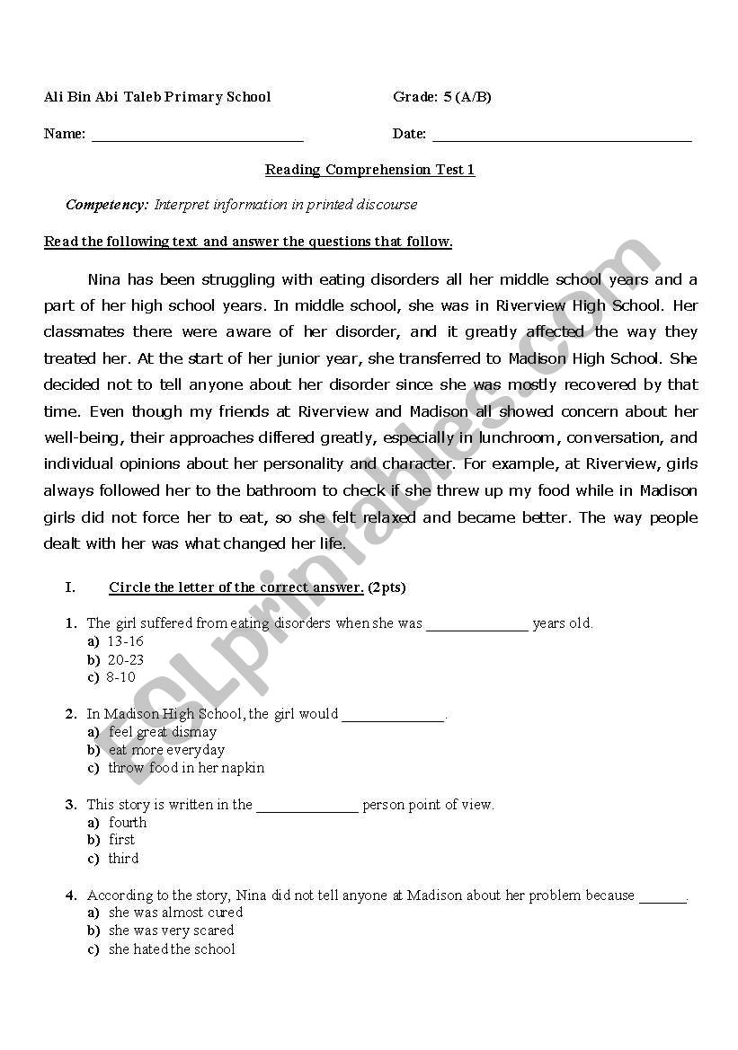 Reading Comprehension For Grade 5 ESL Worksheet By Nanoushka