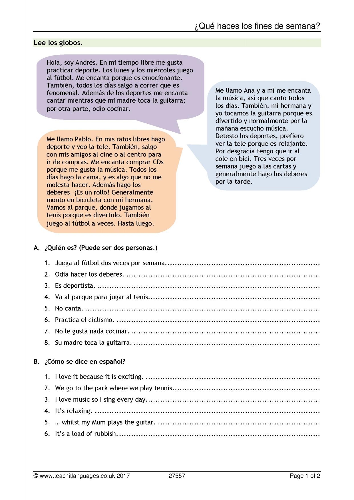 Reading Comprehension Free Time KS3 4 Spanish Teaching Worksheets Library