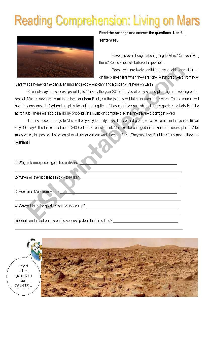 READING COMPREHENSION LIVING ON MARS ESL Worksheet By Marinett