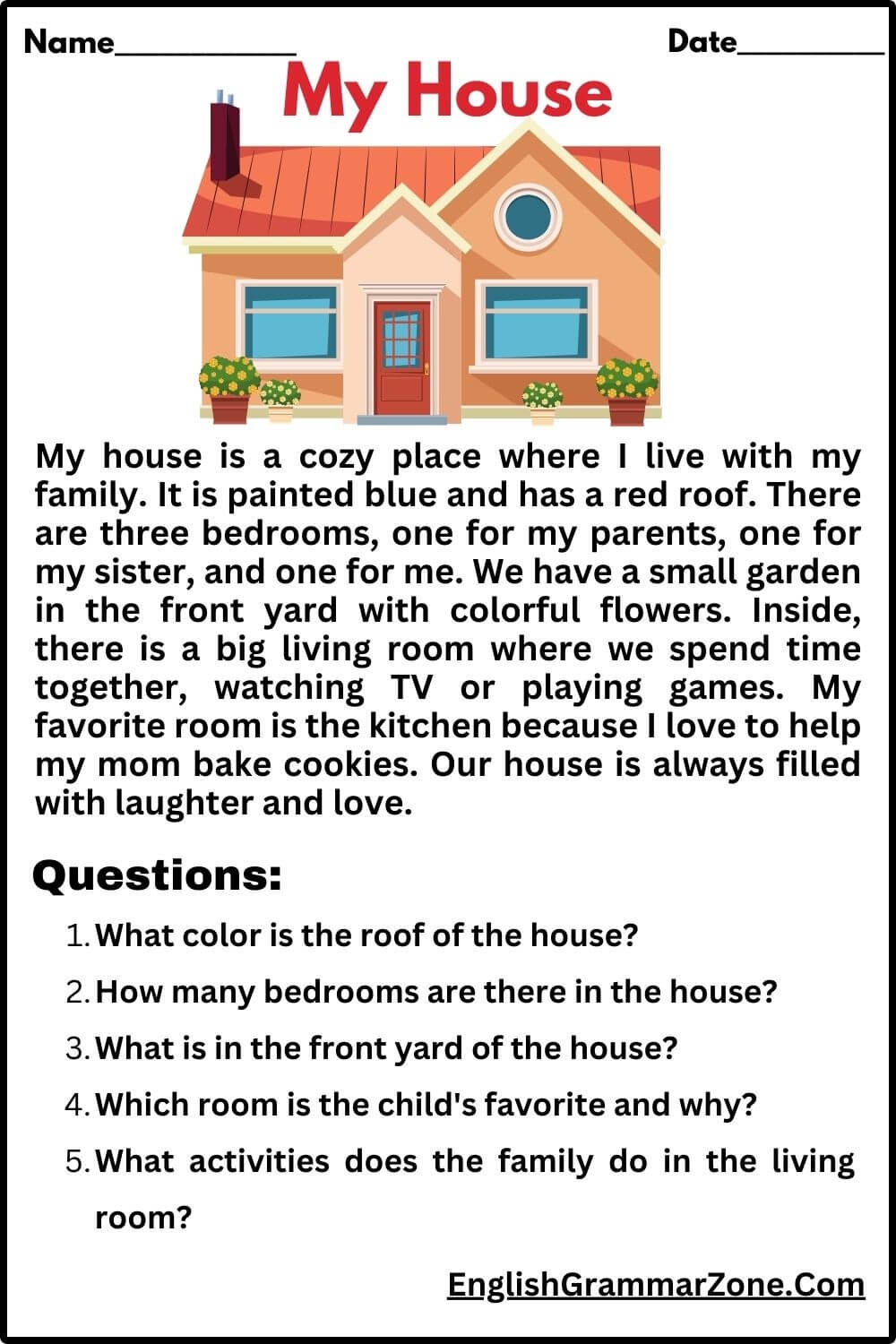 Reading Comprehension My House Worksheet