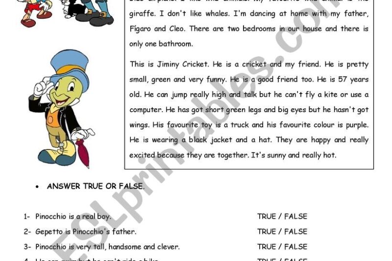Pinocchio Reading Comprehension Worksheet