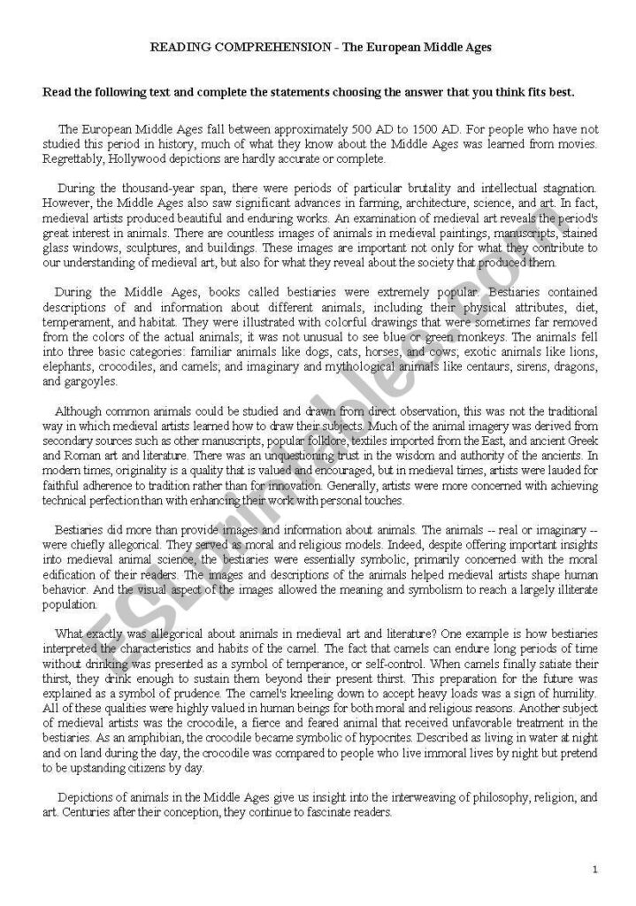 Medieval Times Reading Comprehension Worksheets - Worksheets Template Free