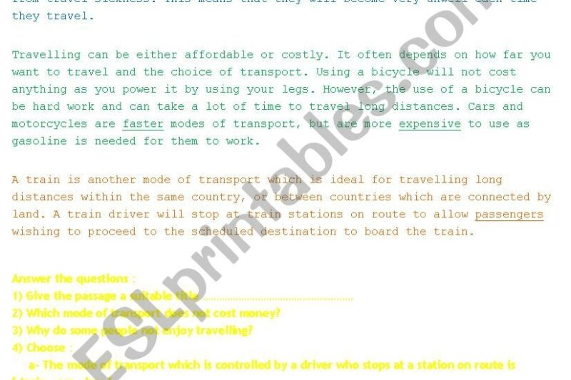 Transportation Reading Comprehension Worksheets Pdf