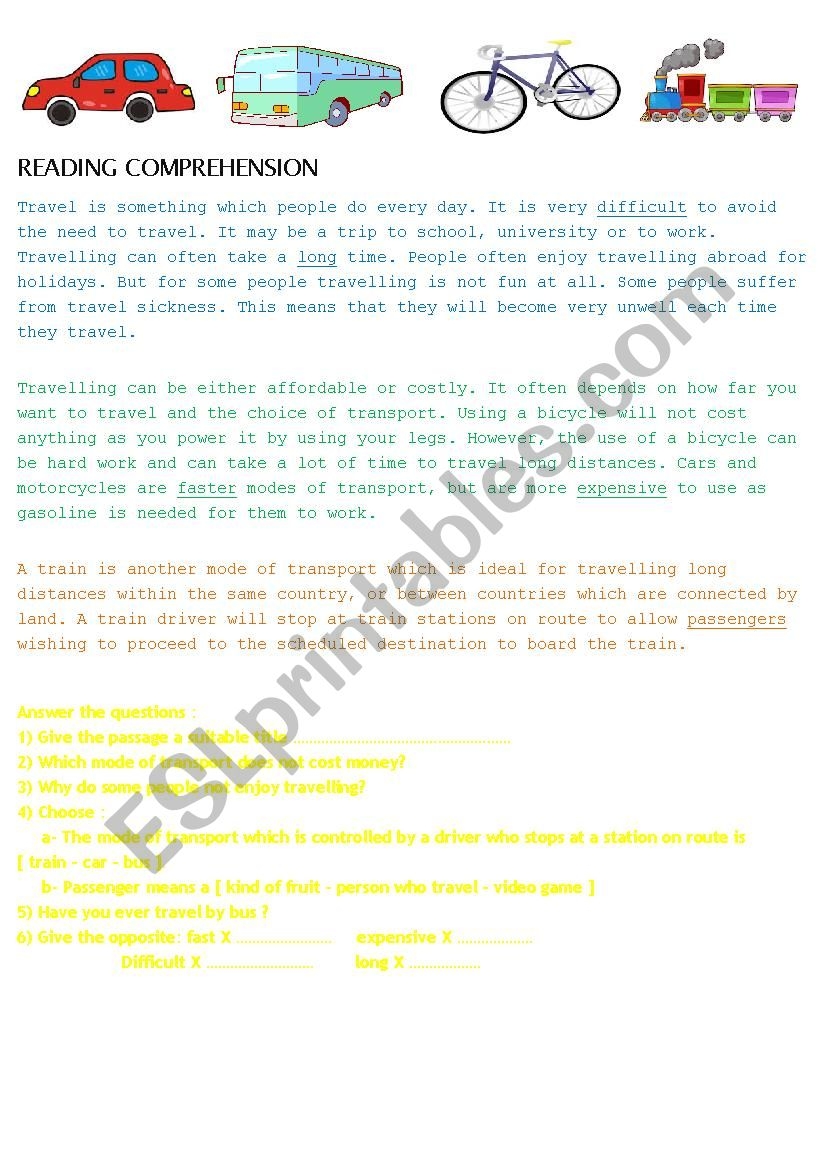 Reading Comprehension Transportation ESL Worksheet By ET Afrah