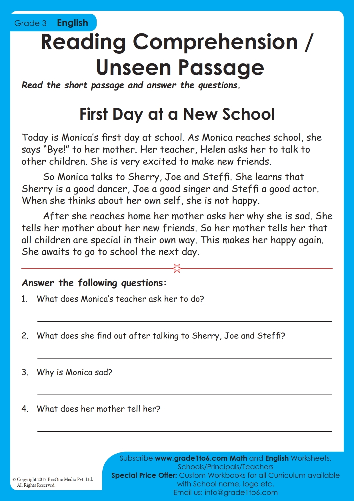 Grade 3 Reading Comprehension Worksheet Grade 3 Reading Comprehension Worksheet