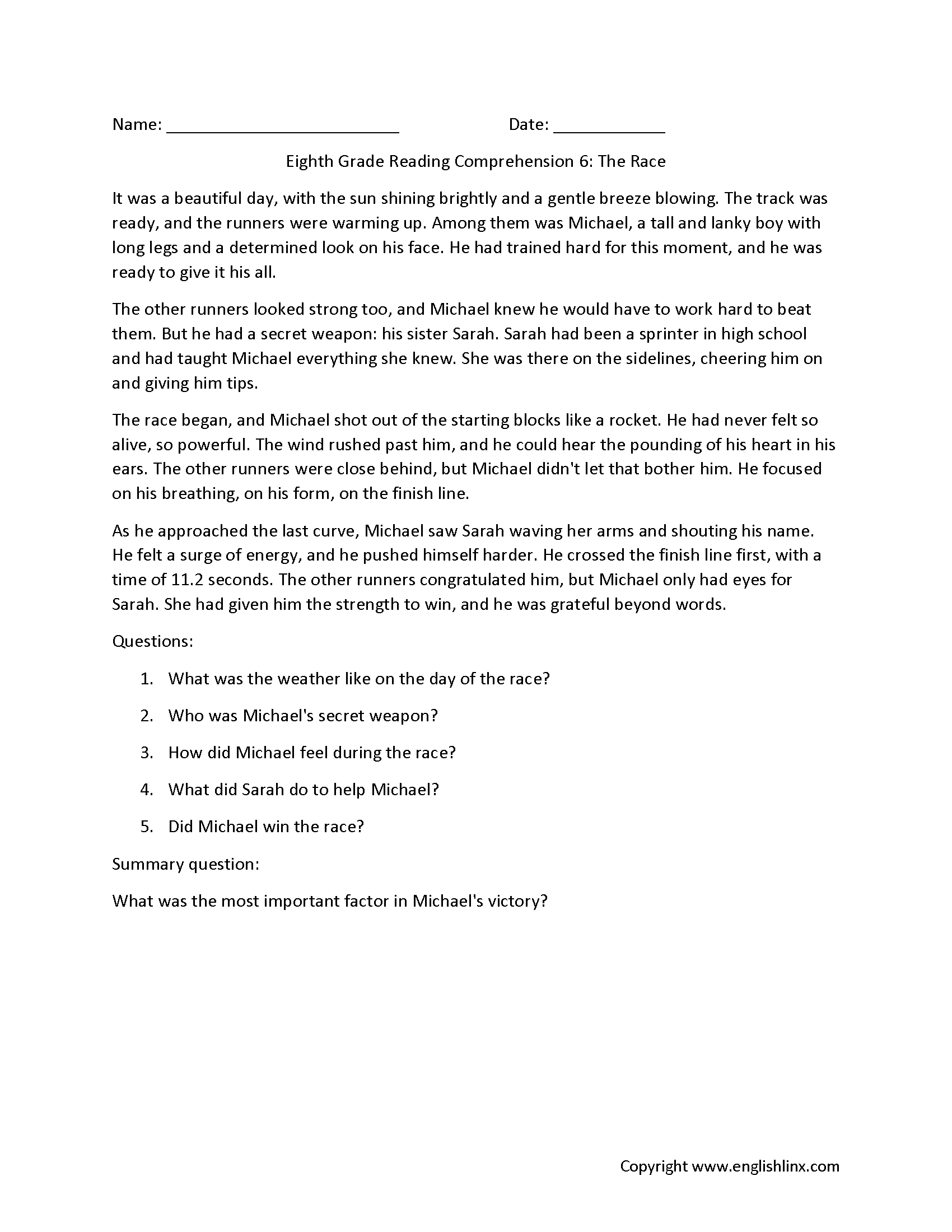 Reading Comprehension Worksheets Eighth Grade Reading 