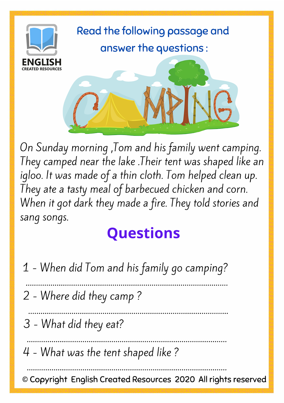 Reading Comprehension Worksheets English Created Resources