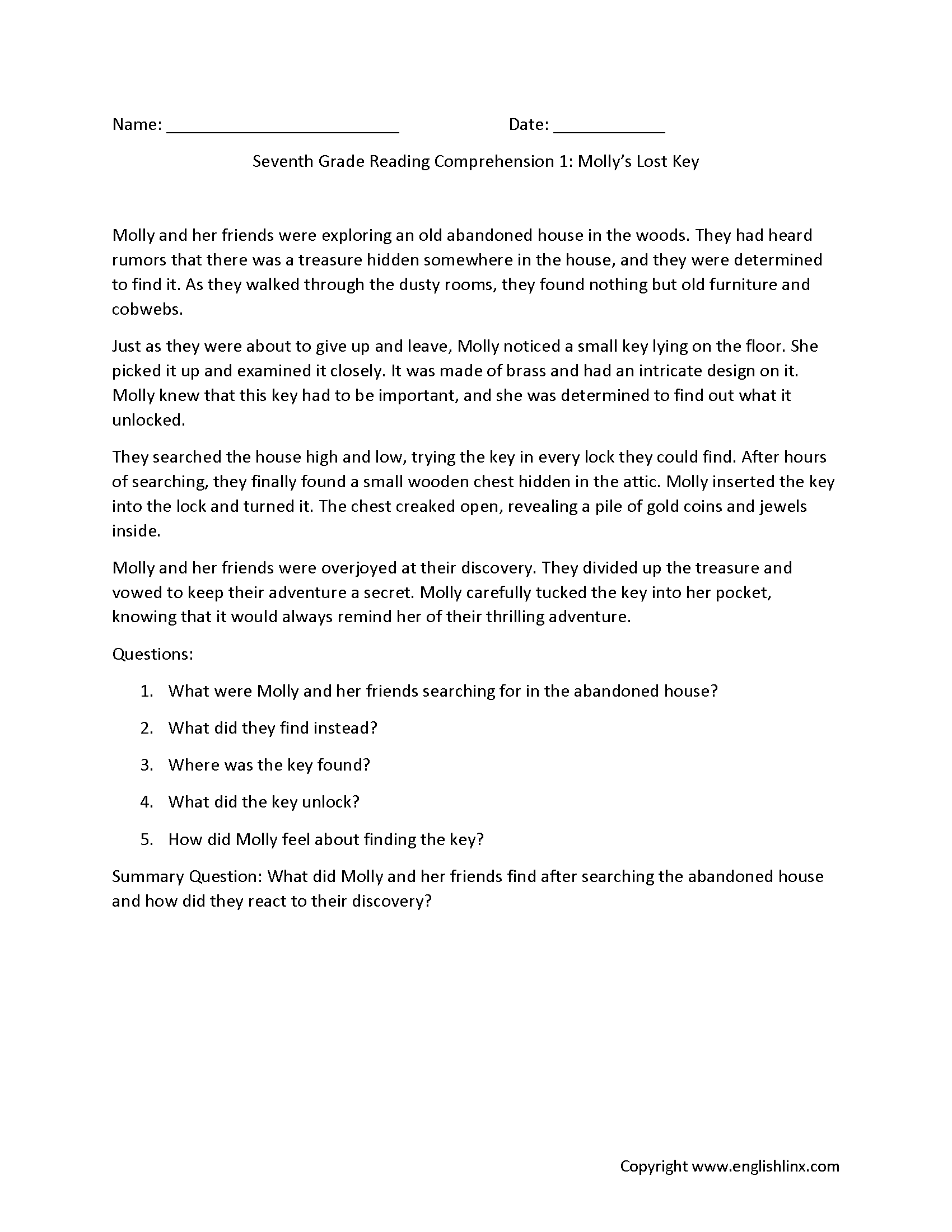 Reading Comprehension Worksheets Seventh Grade Reading 