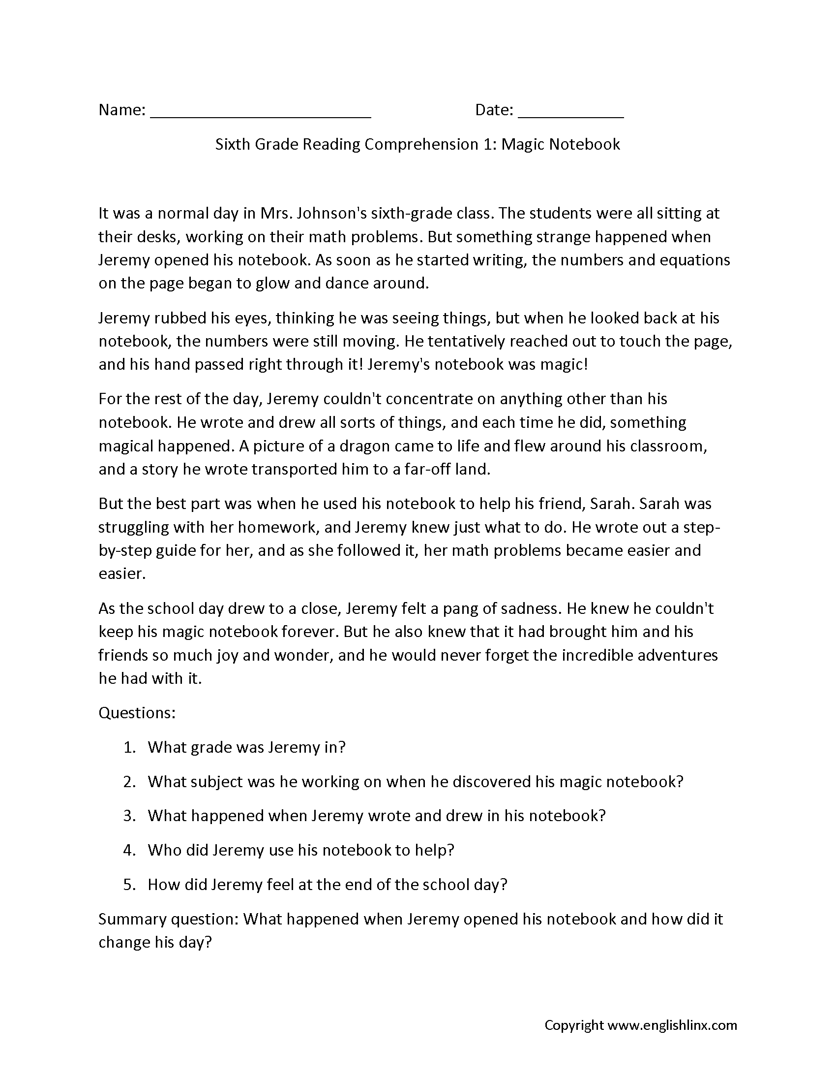 Reading Comprehension Worksheets Sixth Grade Reading 